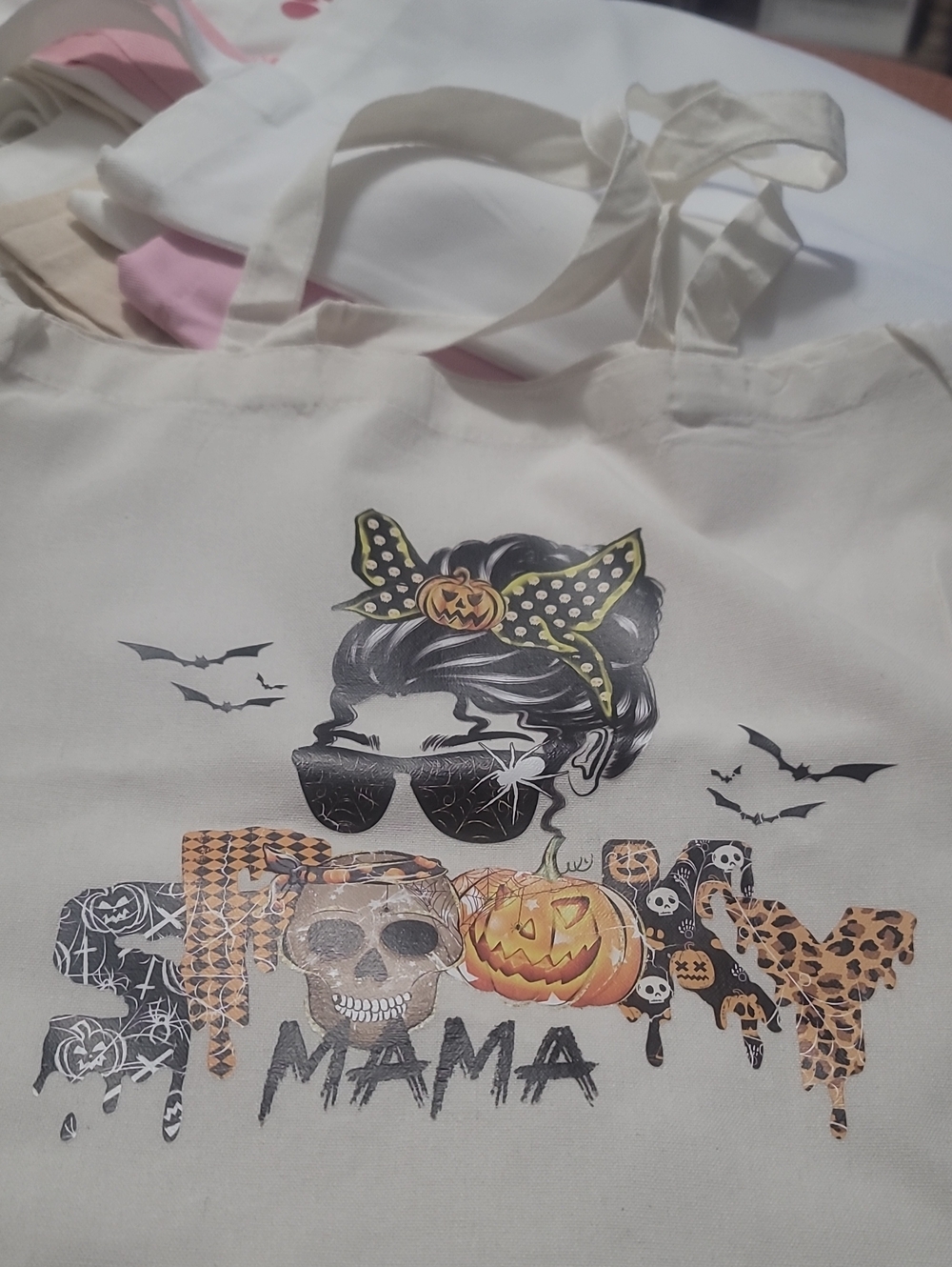 Mama Graphic Tote Bag with Halloween Print - Cream